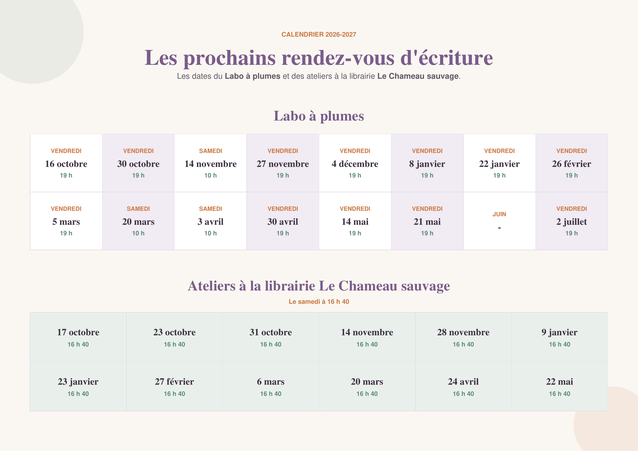 Calendrier des ateliers Plume et Clavier 2026